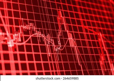 Stock chart graph of market share prices of company. Live on monitor desktop screen monitor. Business background. Red color.  