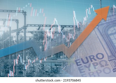 Stock chart with rising up arrow and blurred power station at background. Energy crisis in Europe. Price increase of electricity for home heating and industry. - Shutterstock ID 2193706845