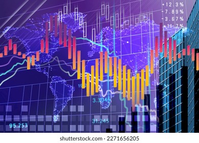 Stock exchange concept. Modern buildings, world map, data and charts, multiple exposure