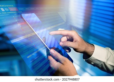 Stock Exchange. Man Using Tablet And Illustration Of Web Terminal With Rating Graph