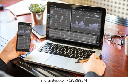 Stock exchange market analysis, Man working with a laptop, monitoring app on screen, office desk background. Trade platform, forex trading. Binary option, candlestick chart. - Shutterstock ID 1935399574