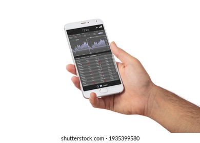 Stock exchange market analysis, monitoring app mobile phone screen. Trade platform, forex trading. Male hand isolated on white background. Binary option, candlestick chart. - Powered by Shutterstock