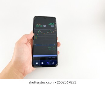 Stock exchange market analysis, monitoring app mobile phone screen. Trade platform, forex trading. Male hand isolated on white background. Binary option, candlestick chart. - Powered by Shutterstock