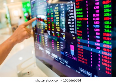 Stock Exchange Market Business Concept With Selective Focus Effect. Display Of Stock Market Quotes With Finger Pointing.