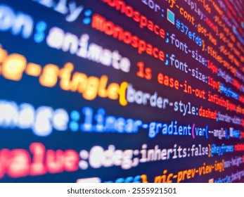 Stock exchange market business concept with selective focus effect. Monitor with stock data, closeup. Abstract computer script code. Application source code background. Website codes on monitor.