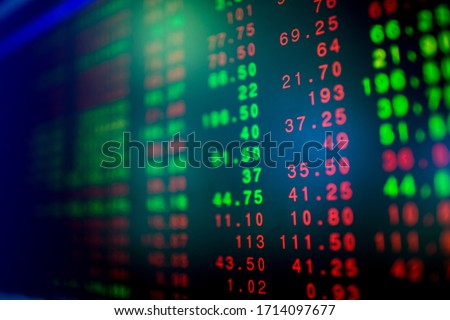Stock exchange market business concept with selective focus effect. Display of Stock market quotes. Red and green numbers on the electronic board.