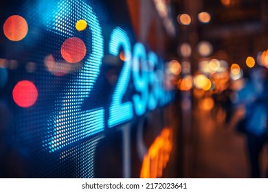 Stock Exchange Market Display Screen Board On The Street, Selective Focus