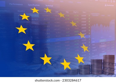Stock exchange. Multiple exposure with European flag, coins, trading data and graph - Shutterstock ID 2303284617
