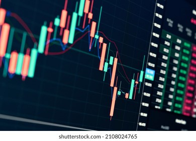 Stock exchange online trading platform chart candlesticks bars, tickers digital data on crypto currency trade financial market platform. Stockmarket graph statistic. Computer screen closeup background - Shutterstock ID 2108024765