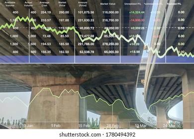 Stock financial index data of successful investment on transportation business and construction industry with chart and graph on superhighway intersection crossing background.