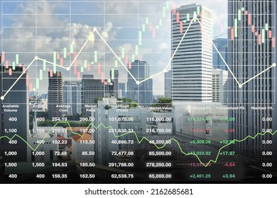 Stock financial index show successful investment on property business and construction industry urban buildings  image with graph and chart for presentation and report background.
