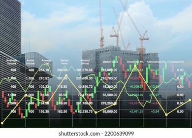 Stock financial index show successful investment on property business and construction industry urban buildings  image with graph and chart for presentation and report background.
