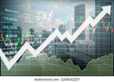 Stock financial index show successful investment on property business and construction industry urban buildings  image with graph and chart for presentation and report background.
