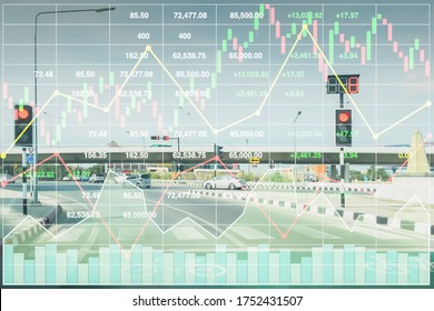 Stock financial index of successful investment on superhighway transportation business and logistic industry growth with chart and graph on superhighway perspective background in Bangkok Thailand.