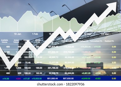 Stock financial index of successful investment growth on superhighway transportation business with chart and graph show traffic jam of many cars in summer twilight sky.