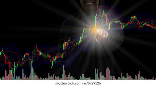 Stock Graph Candlestick Combine With Indicator For Analysis Market  And Business Man Or Professional Broker Smile Pointing On Graph When Price Going Up Background. Success Business Or Fiance  Concept