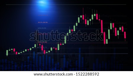Stock graph chart with fibonacci indicators and volume bar with cityscape night view, stock chart analysis by fibonacci concept