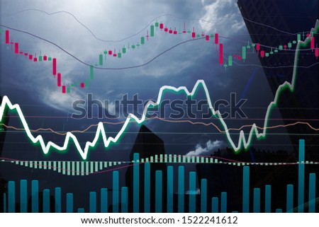 Stock graph Chart with parabolic , rsi , macd indicators and volume diagram, skyscraper on background, concept for stock trading analysis indicators
