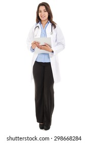 Stock image of female doctor, wearing lab coat, isolated on white