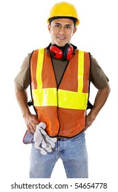 Stock Image Of Hispanic Construction Worker Over White Background