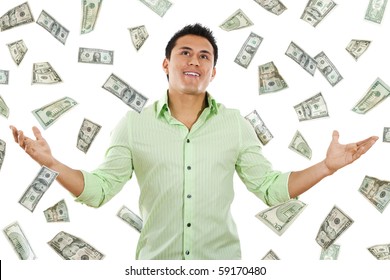 Stock Image Of Money Falling Around Young Man