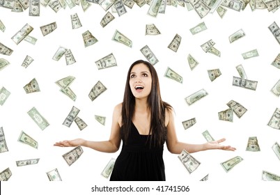 Stock Image Of Woman Standing With Open Arms Amidst Falling Money