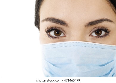 Stock Image Of Woman Wearing Mouth Cover Mask Isolated On White Closeup