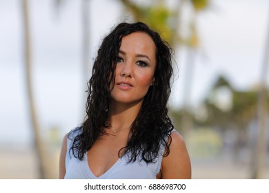 Stock Image Young Woman In A Blue Vneck Dress