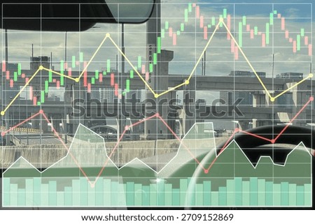 Stock index graph, chart and candlestick for transportation investment with overpass superhighway bridge from Bangkok, Thailand. Image took from inside the car.