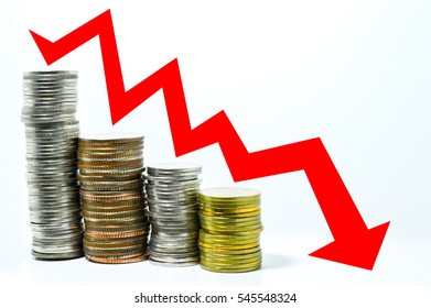 Stock Investment Bearish Market Concept Red Arrow Downward Trend Line On Coin