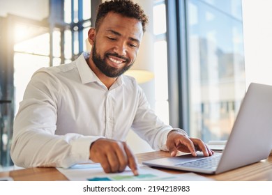 Stock Market, Accounting And Fintech Business Man Happy With Company Profit And Statistics Analysis Data. Smile Of A Corporate Accountant Working On A Laptop With Financial Software App And