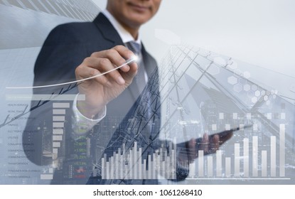 Stock market analysis, business intelligence, profits presentation, double exposure businessman analyzing financial graph, sector performance, financial background, cityscape, economic growth report - Powered by Shutterstock