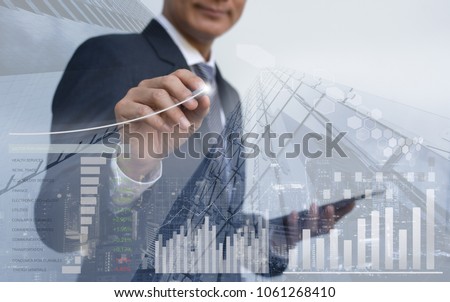 Stock market analysis, business intelligence, profits presentation, double exposure businessman analyzing financial graph, sector performance, financial background, cityscape, economic growth report