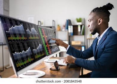 Stock Market Analyst At Office Desk Using Multiple Screens