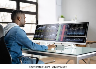 Stock Market Analyst At Office Desk Using Multiple Screens