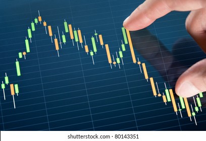 Stock market analytics concept. Analyzing stock market graph on a touch screen device.