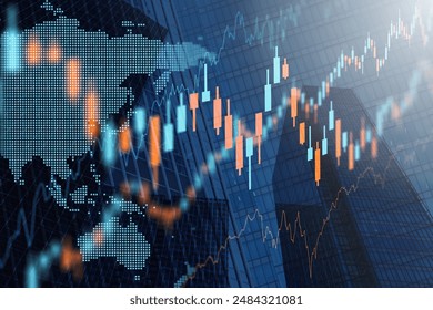 Stock market and business activity in Asia. Corporate value and stock movement. Stock market prices charts on tall buildings background. - Powered by Shutterstock