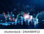 Stock market business finance, world economic growth trend, coin stack in background, investing mutual funds, financial risk management, debt ceiling, Quantitative Easing, effect inflation, interest