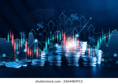 Stock market business finance, world economic growth trend, coin stack in background, investing mutual funds, financial risk management, debt ceiling, Quantitative Easing, effect inflation, interest - Powered by Shutterstock