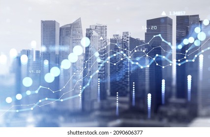 Stock market changes, business chart with changing lines and numbers. Double exposure with building skyscrapers in Singapore. Concept of forex and online trading