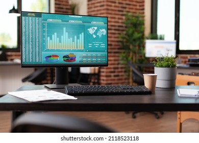 Stock Market Chart Diagram On Computer In Empty Office. Statistics Of Money Trade And Exchange To Buy And Sell Crypto Currency For Global Investment On Monitor In Business Space. Financial Trend