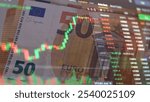 Stock market chart with green and red candlesticks on a background 50 Euro banknotes. Bitcoin price chart in dynamics. Stock exchange. Exchange market. Euro Money Cash and Cryptocurrency.