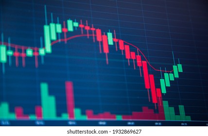 Stock Market Chart On Blue Background. Share Drop Down And Stock Up