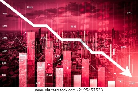 Stock market crash, declined economic, graph falling down and digital indicators overlaps modernistic city. Double exposure.