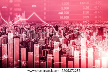 Stock market crash, declined economic, graph falling down and digital indicators overlaps modernistic city. Double exposure.