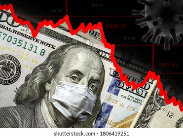 Stock Market Crash Due To Coronavirus, COVID-19 Impacts To Business. Dollar And Economy Hits By Corona Virus. Concept Of World Crisis, Oil, Forecast, Forex, Fall, US Money, USA And Wall Street.