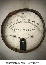 Stock Market Crash Meter Value. Very Old And Broken Metering System With Stock Market Text.