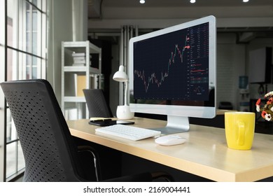 Stock market data chart analysis by ingenious computer software . Investment application display stock market chart on the computer screen and advise trading decision .