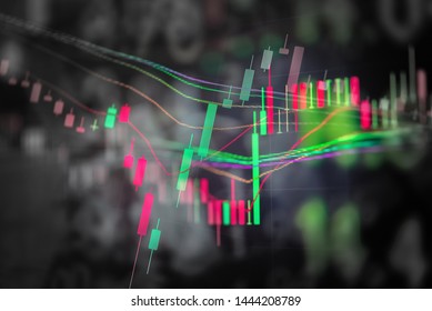Stock market data on digital LED display. A number of daily market price and quotation of prices chart and candle stick tracking in Forex trading.