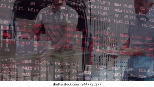 Stock market data processing against caucasian delivery man stacking boxes in his delivery van. logistics and transportation business concept - Powered by Shutterstock